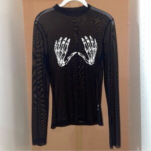 Sheer Black Long Sleeve Mock Neck With Skeleton Hands